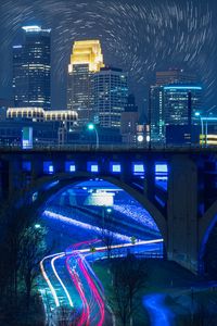 Preview wallpaper bridge, road, buildings, city, night, lights