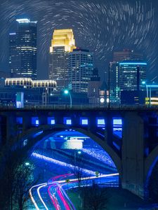 Preview wallpaper bridge, road, buildings, city, night, lights