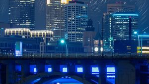 Preview wallpaper bridge, road, buildings, city, night, lights