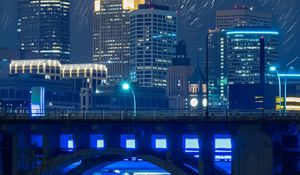 Preview wallpaper bridge, road, buildings, city, night, lights