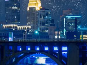 Preview wallpaper bridge, road, buildings, city, night, lights