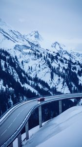 Preview wallpaper bridge, road, car, mountains, snow