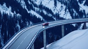Preview wallpaper bridge, road, car, mountains, snow