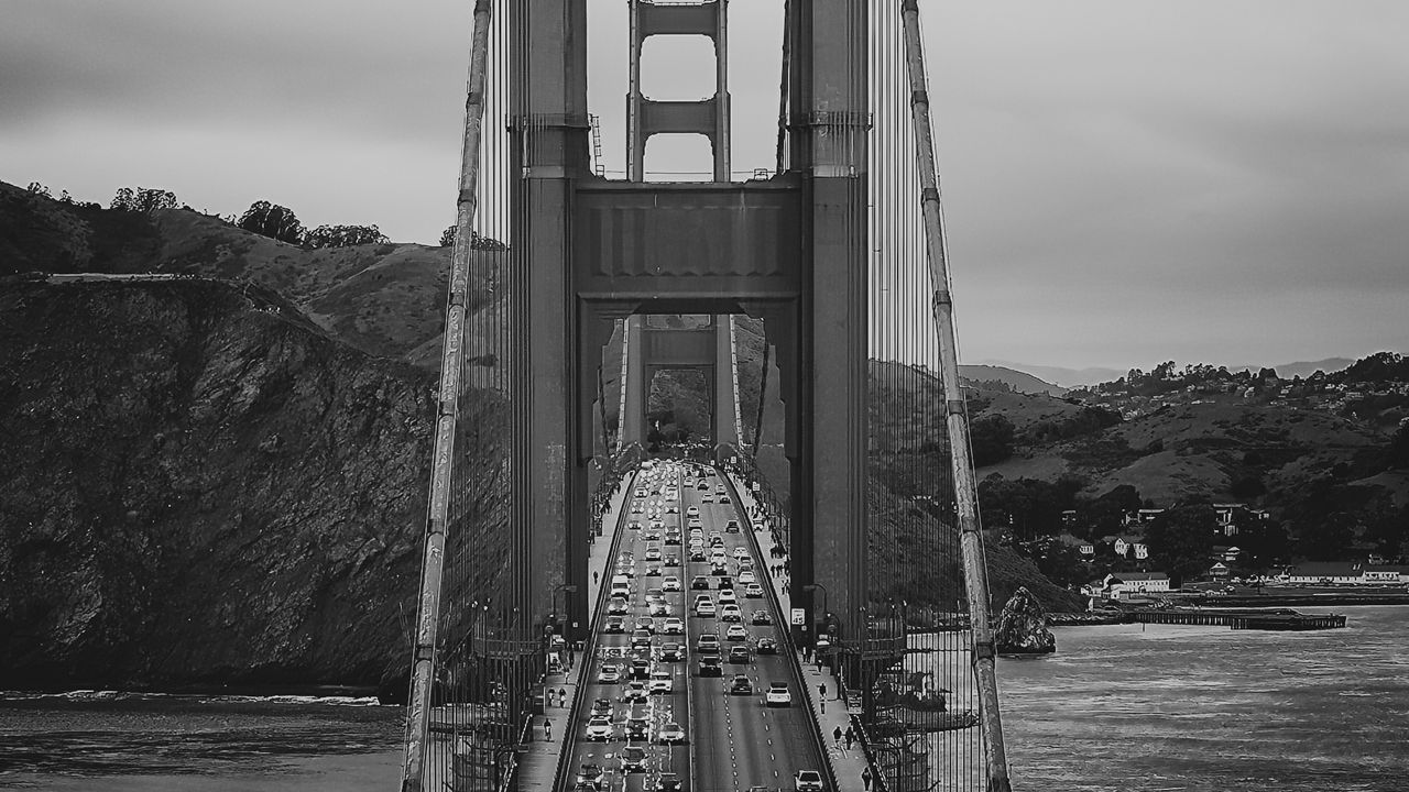 Wallpaper bridge, road, cars, river, black and white