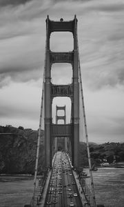 Preview wallpaper bridge, road, cars, river, black and white