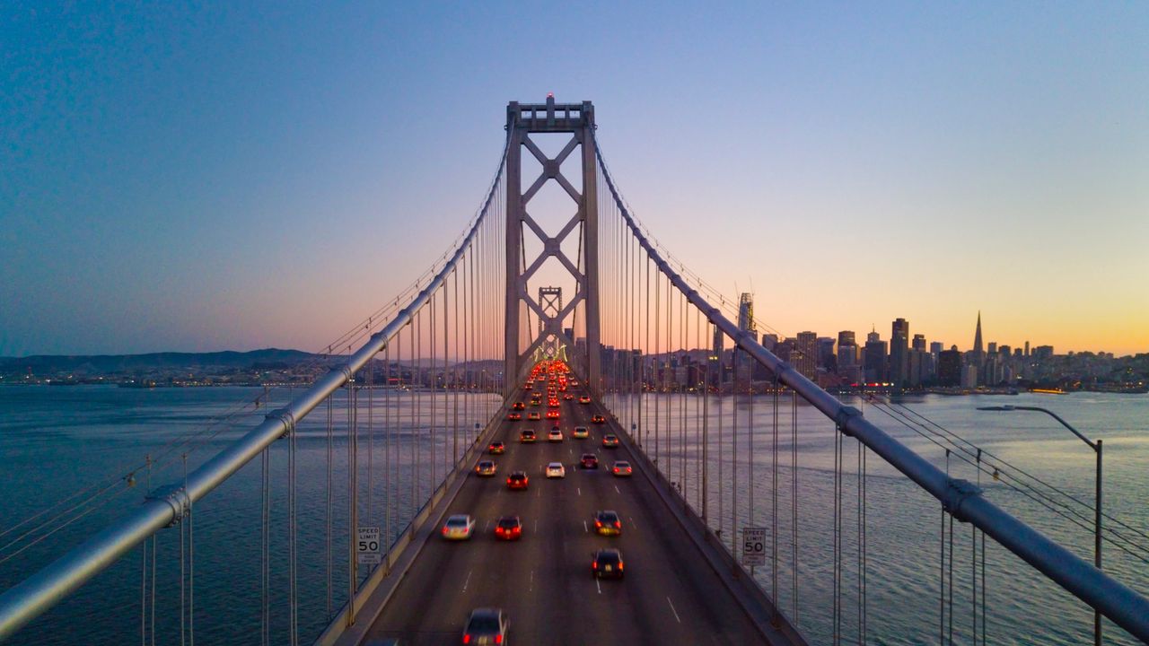 Wallpaper bridge, road, cars, water