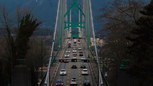 Preview wallpaper bridge, road, cars, mountains, trees