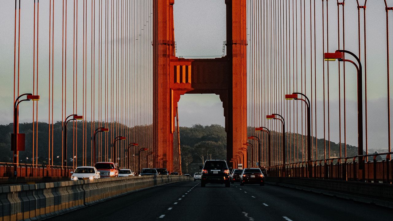 Wallpaper bridge, road, cars, sky