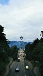 Preview wallpaper bridge, road, cars, trees, mountains, distance