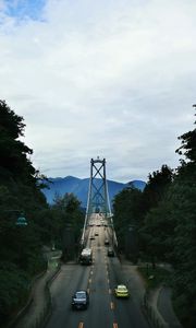 Preview wallpaper bridge, road, cars, trees, mountains, distance