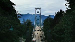 Preview wallpaper bridge, road, cars, trees, mountains, distance