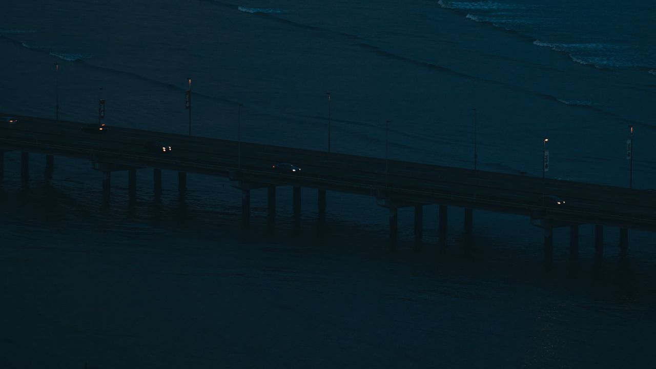 Wallpaper bridge, road, cars, sea, night