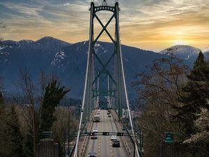 Preview wallpaper bridge, road, cars, trees, hills