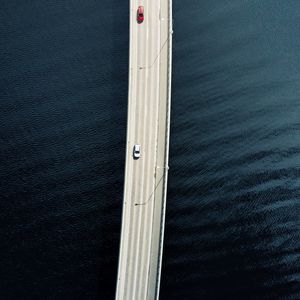 Preview wallpaper bridge, road, cars, water, aerial view