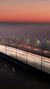 Preview wallpaper bridge, road, fog, dusk, lights