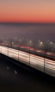Preview wallpaper bridge, road, fog, dusk, lights