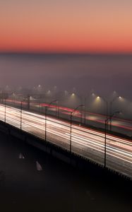 Preview wallpaper bridge, road, fog, dusk, lights