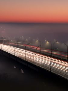 Preview wallpaper bridge, road, fog, dusk, lights