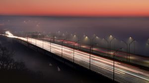 Preview wallpaper bridge, road, fog, dusk, lights