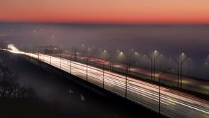 Preview wallpaper bridge, road, fog, dusk, lights