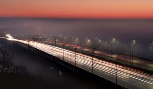 Preview wallpaper bridge, road, fog, dusk, lights