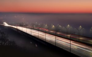Preview wallpaper bridge, road, fog, dusk, lights