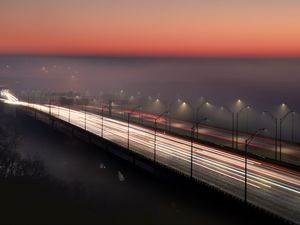 Preview wallpaper bridge, road, fog, dusk, lights