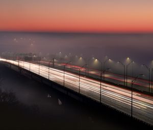 Preview wallpaper bridge, road, fog, dusk, lights