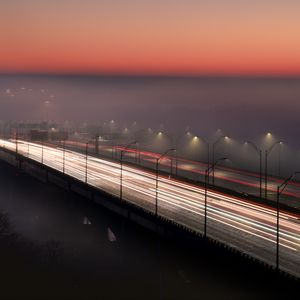 Preview wallpaper bridge, road, fog, dusk, lights