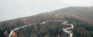 Preview wallpaper bridge, road, forest, trees, mountains, fog