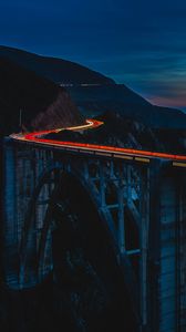 Preview wallpaper bridge, road, light, long exposure, twilight, dark