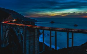 Preview wallpaper bridge, road, light, long exposure, twilight, dark