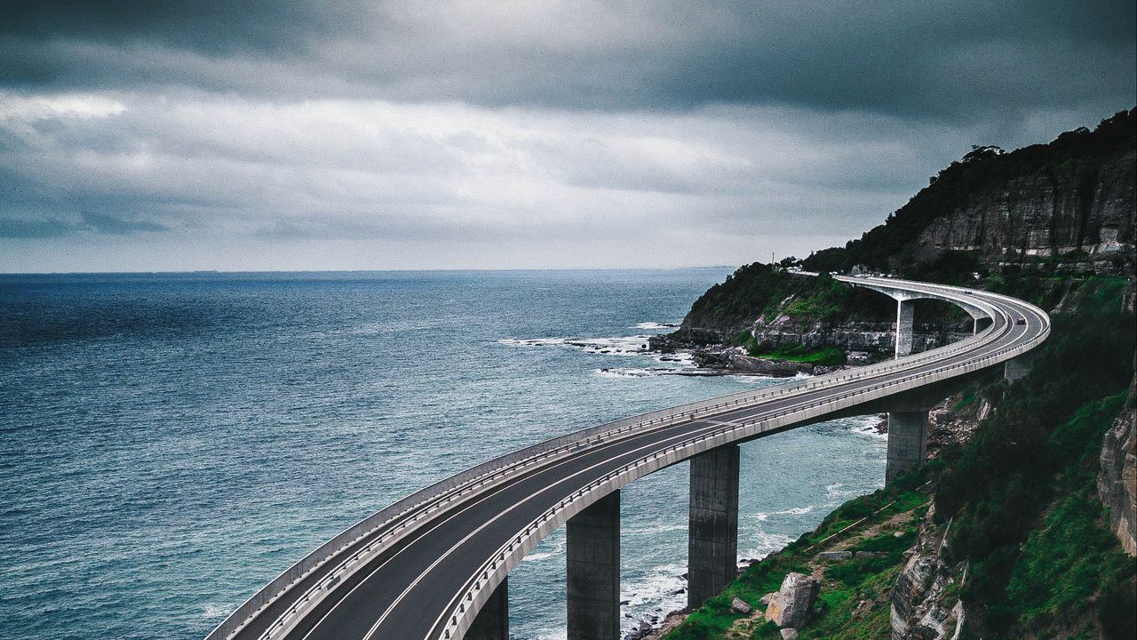 Wallpaper bridge, road, mountains, sea