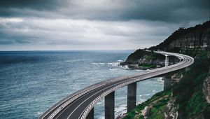 Preview wallpaper bridge, road, mountains, sea
