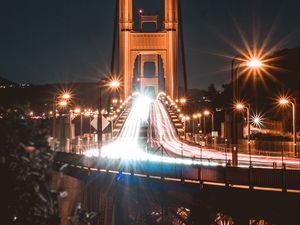 Preview wallpaper bridge, road, night, lights, movement