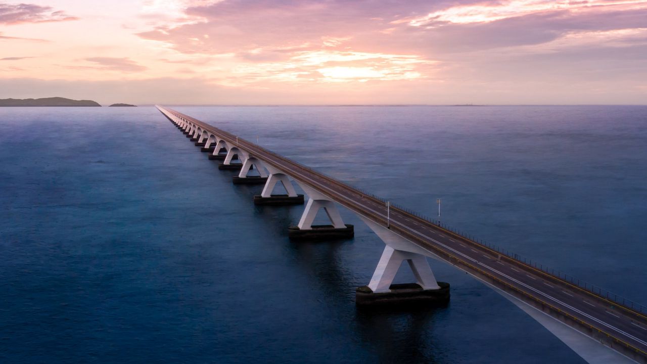 Wallpaper bridge, road, sea, twilight