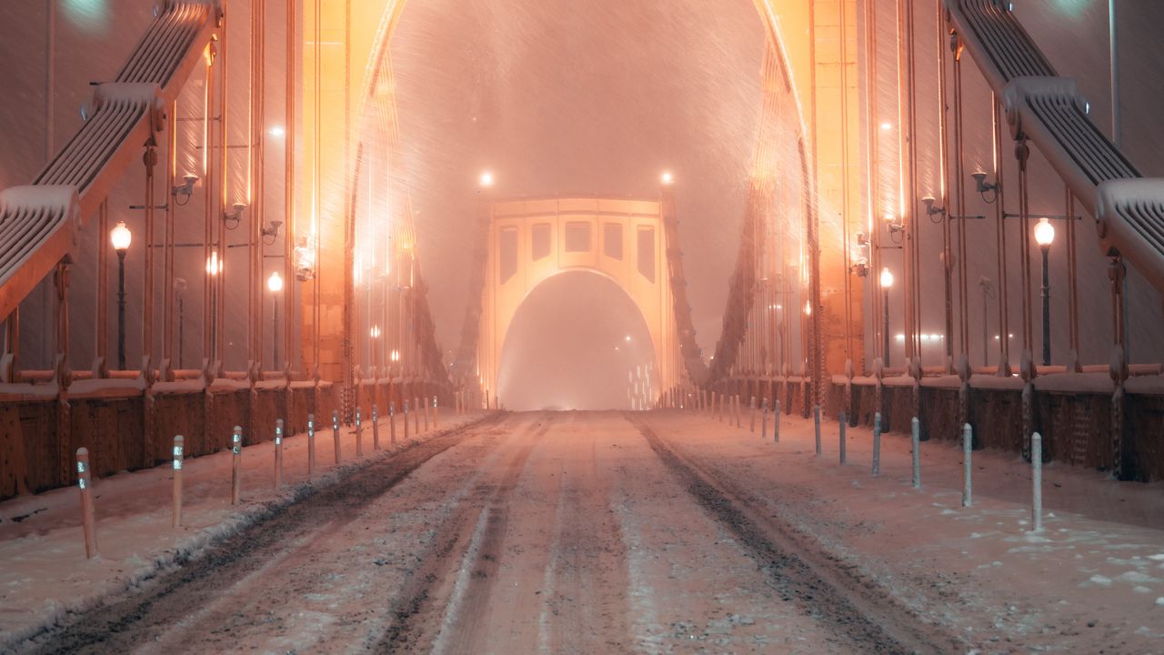 Wallpaper bridge, road, snow, blizzard, night, light