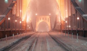 Preview wallpaper bridge, road, snow, blizzard, night, light