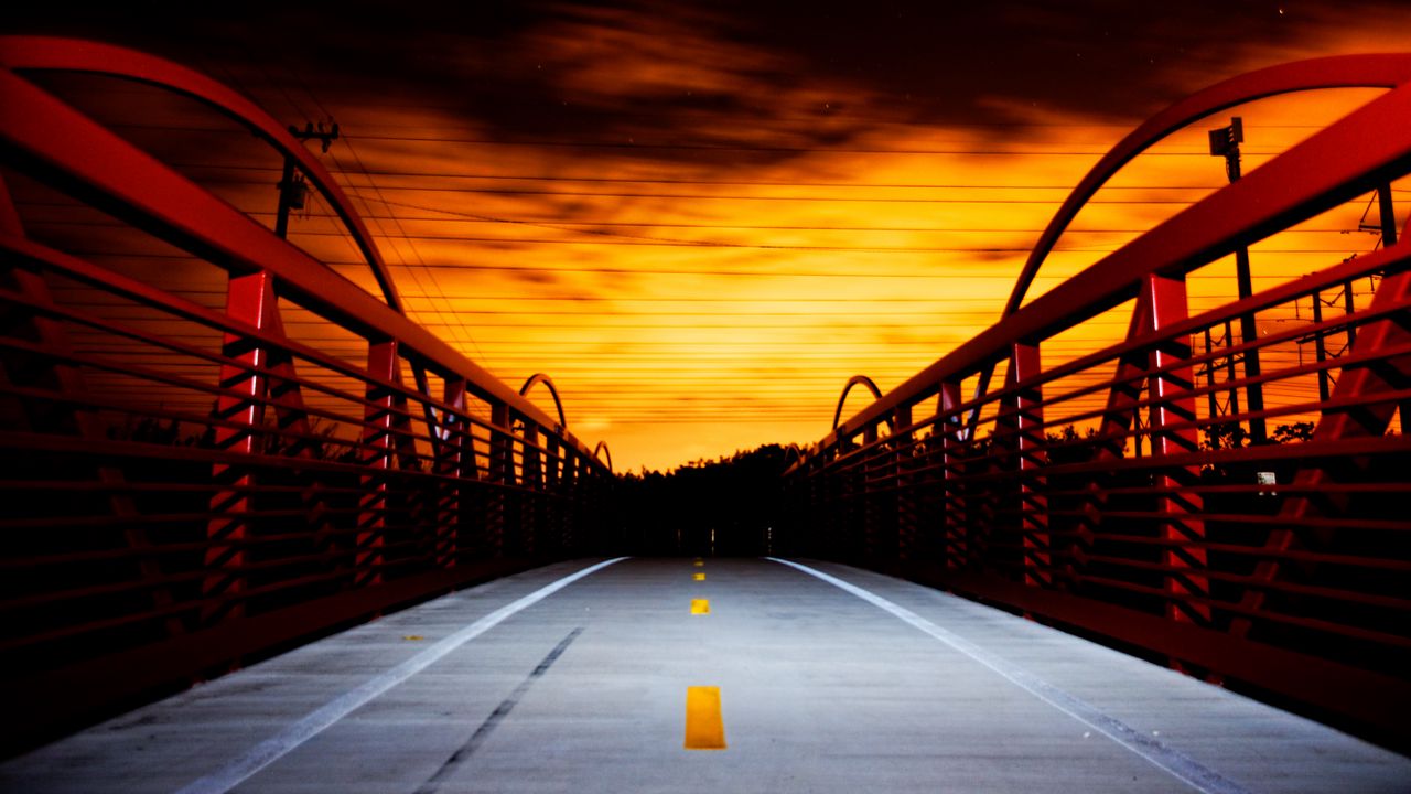 Wallpaper bridge, road, sunset, dusk, dark