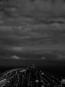 Preview wallpaper bridge, road, tangled, bw, dark
