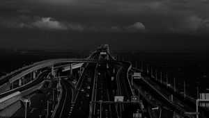 Preview wallpaper bridge, road, tangled, bw, dark