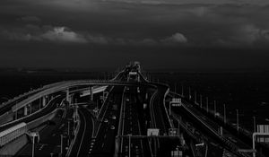 Preview wallpaper bridge, road, tangled, bw, dark
