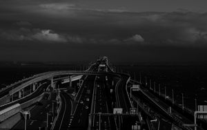 Preview wallpaper bridge, road, tangled, bw, dark