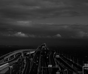 Preview wallpaper bridge, road, tangled, bw, dark