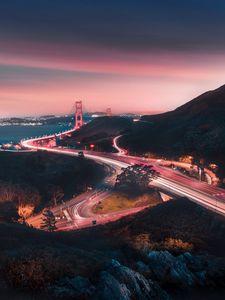 Preview wallpaper bridge, road, winding, evening, glow