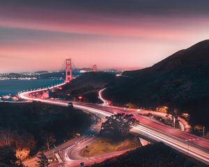 Preview wallpaper bridge, road, winding, evening, glow