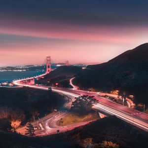 Preview wallpaper bridge, road, winding, evening, glow