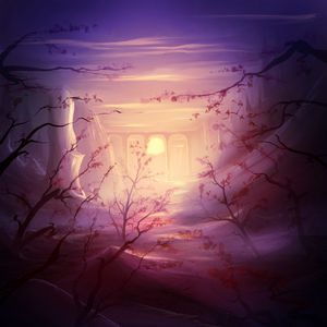 Preview wallpaper bridge, rocks, branches, dusk, fantasy
