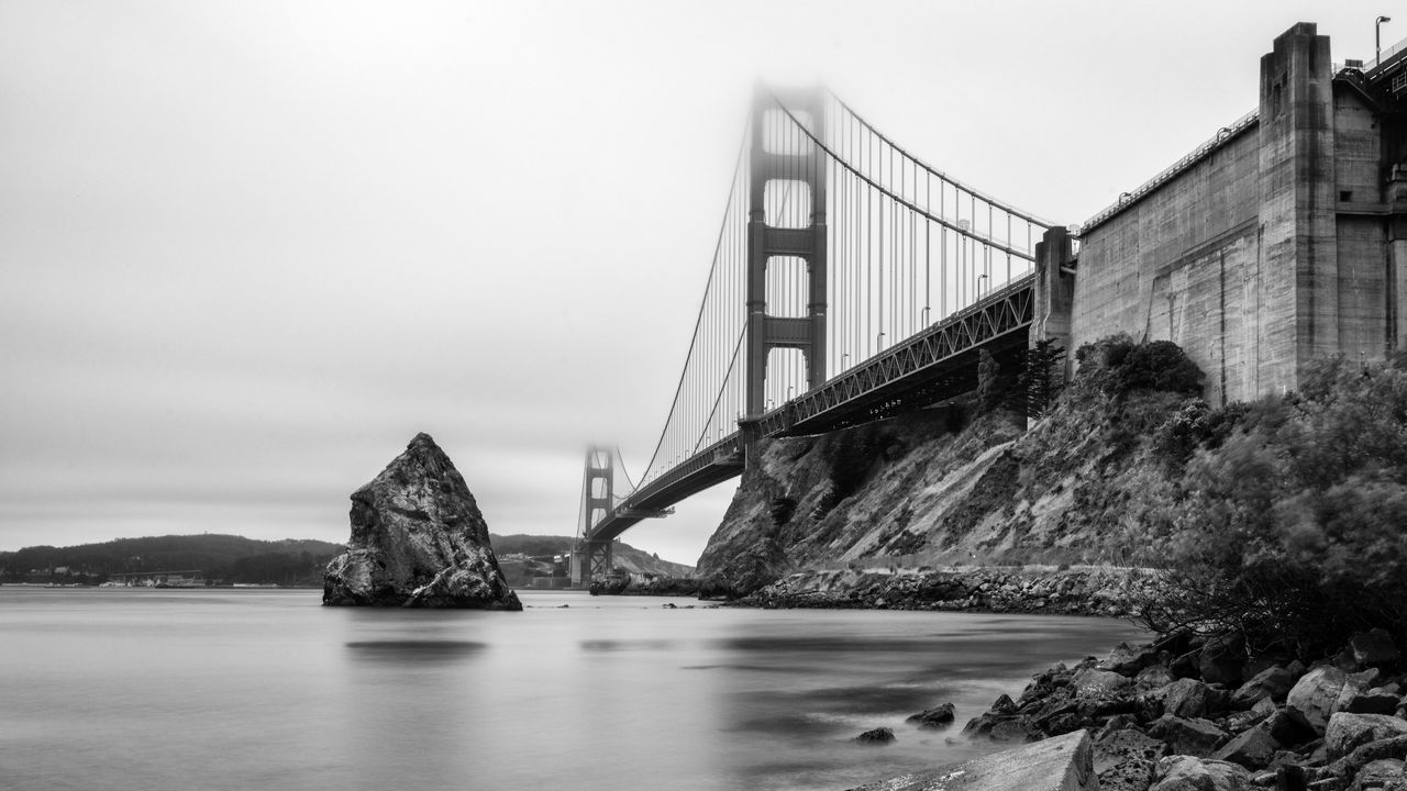 Wallpaper bridge, rocks, bw, sea, fog