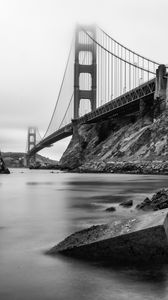 Preview wallpaper bridge, rocks, bw, sea, fog
